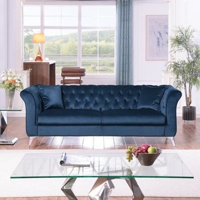 Velvet Chesterfield Sofa 3-Seat Teal Blue Tufted Scroll Arms Free Ship