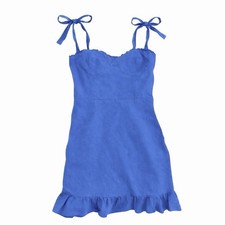 Reformation Desiree Linen Mini Dress Blue Tie Strap Size 10 NWOT Ruffle Hem 