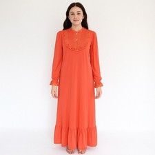 VINTAGE 70s Coral Nightgown Prairie Maxi Dress Lace Ruffle Trim Cottagecore