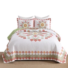 3 Pcs 100% Cotton Vibrant Floral Patchwork Quilt Bedspread Set 
