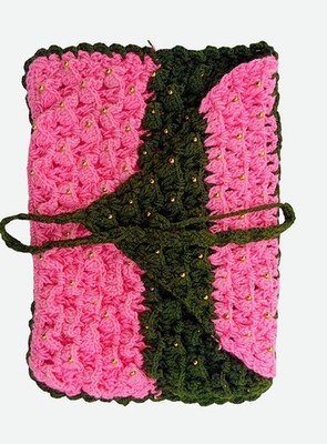 Handmade Green & Pink Crochet Quran Cover / Ghilaf with Gold Beads
