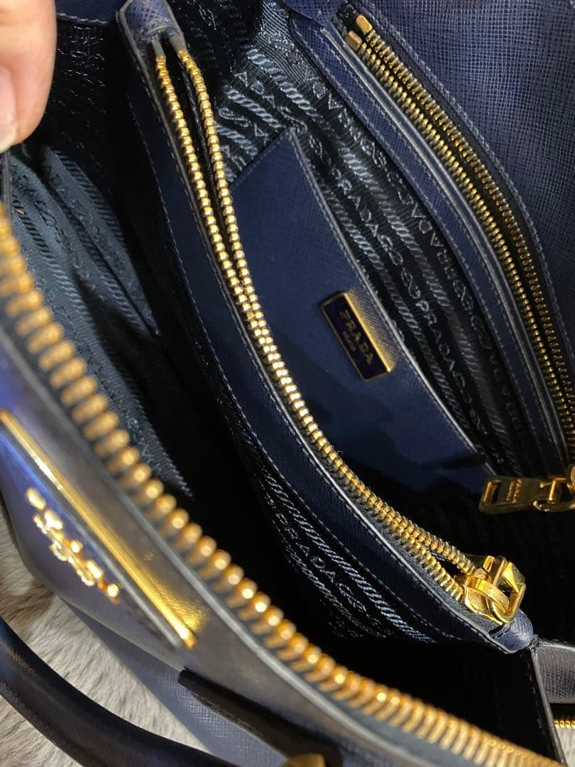 PRADA Saffiano Lux Tote Bag Blue Leather Gold Logo Used image 3
