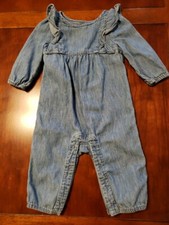 Gap Girl Chambray Blue Jean Ruffle L/S Cotton Romper Creeper 3-6 Month EUC
