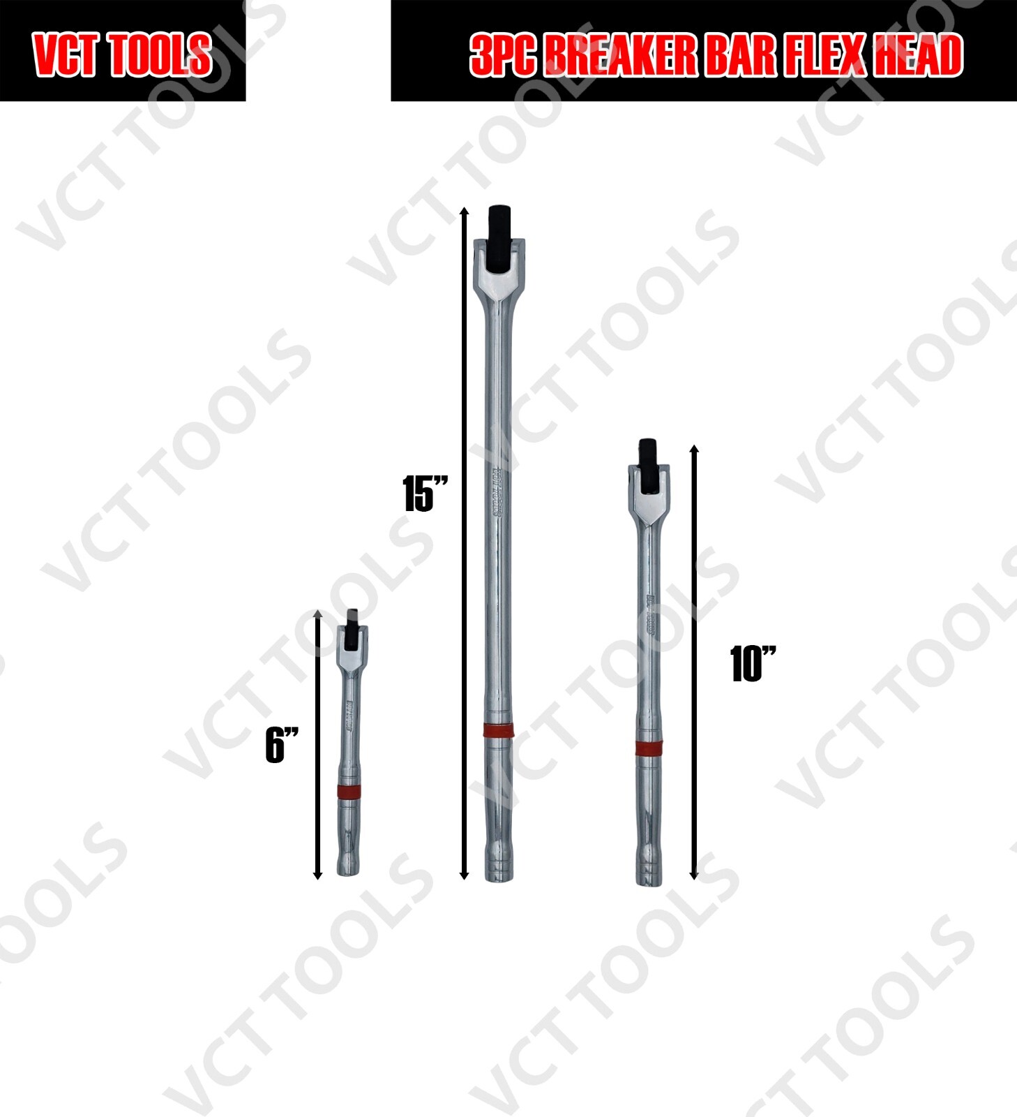 3pc Breaker Bar Set 1/4' 3/8'' 1/2'' Dr Breaker Bars 6" 10" 15" Length