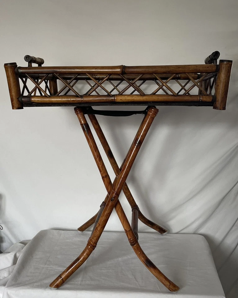 Vintage Boho Bamboo Wicker Rattan Serving Tray Mid Century With Folding Stand - Image 2 of 4