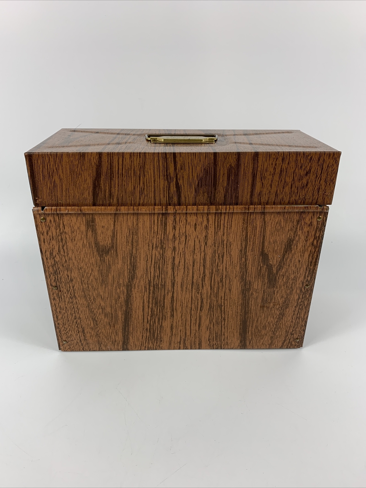 Vtg Porta File metal check file box Wood grain litho Mid century office ...