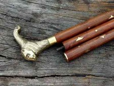 Solid Designer Lion Head Handle Vintage Antqiue Wooden Walking Stick Cane Gift