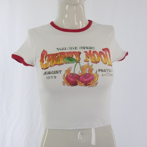 Bershka Crop T Shirt White Cherry Mood Printed Ringer Baby Tee Size M - Picture 5 of 16