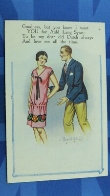Freche Donald McGill Comic Postkarte 1920er Jahre Flapper Mode kurzer Rock Kleid