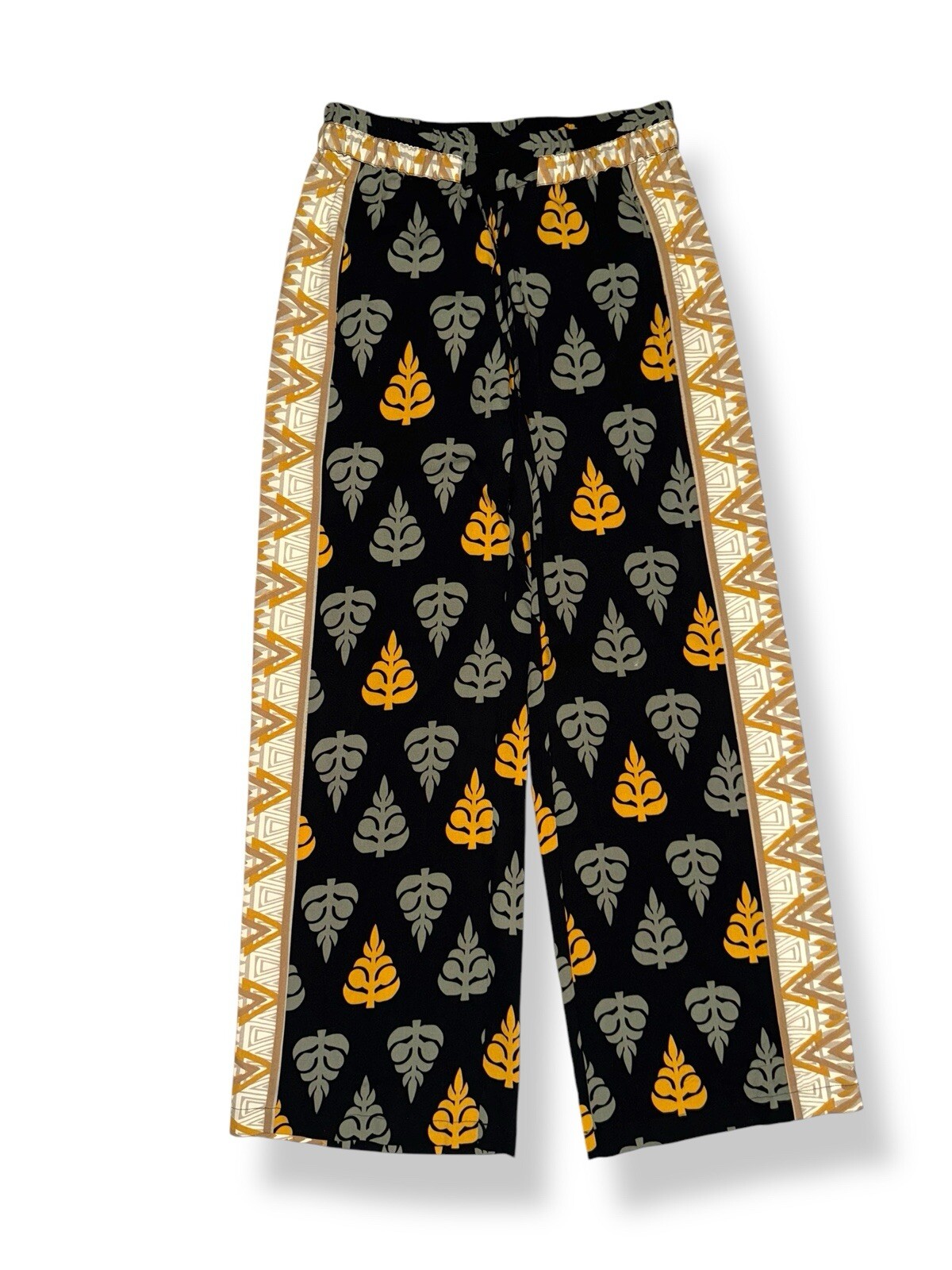 ALTRA Pantalone Palazzo Morbido Dintorni Nero Stampa Foglia Elastico Vita Tg XS NUOVO SENZA ETICHETTE