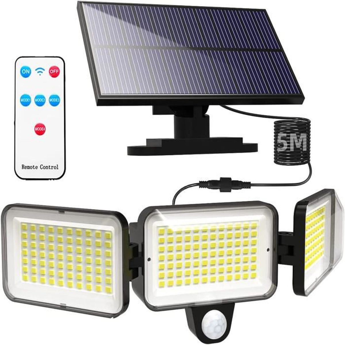 Lampe Solaire Extérieur 224 LED Détecteur Mouvement 300° - 4 Modes + Télécommande - Projecteur Solaire Puissant IP65 2200mAh