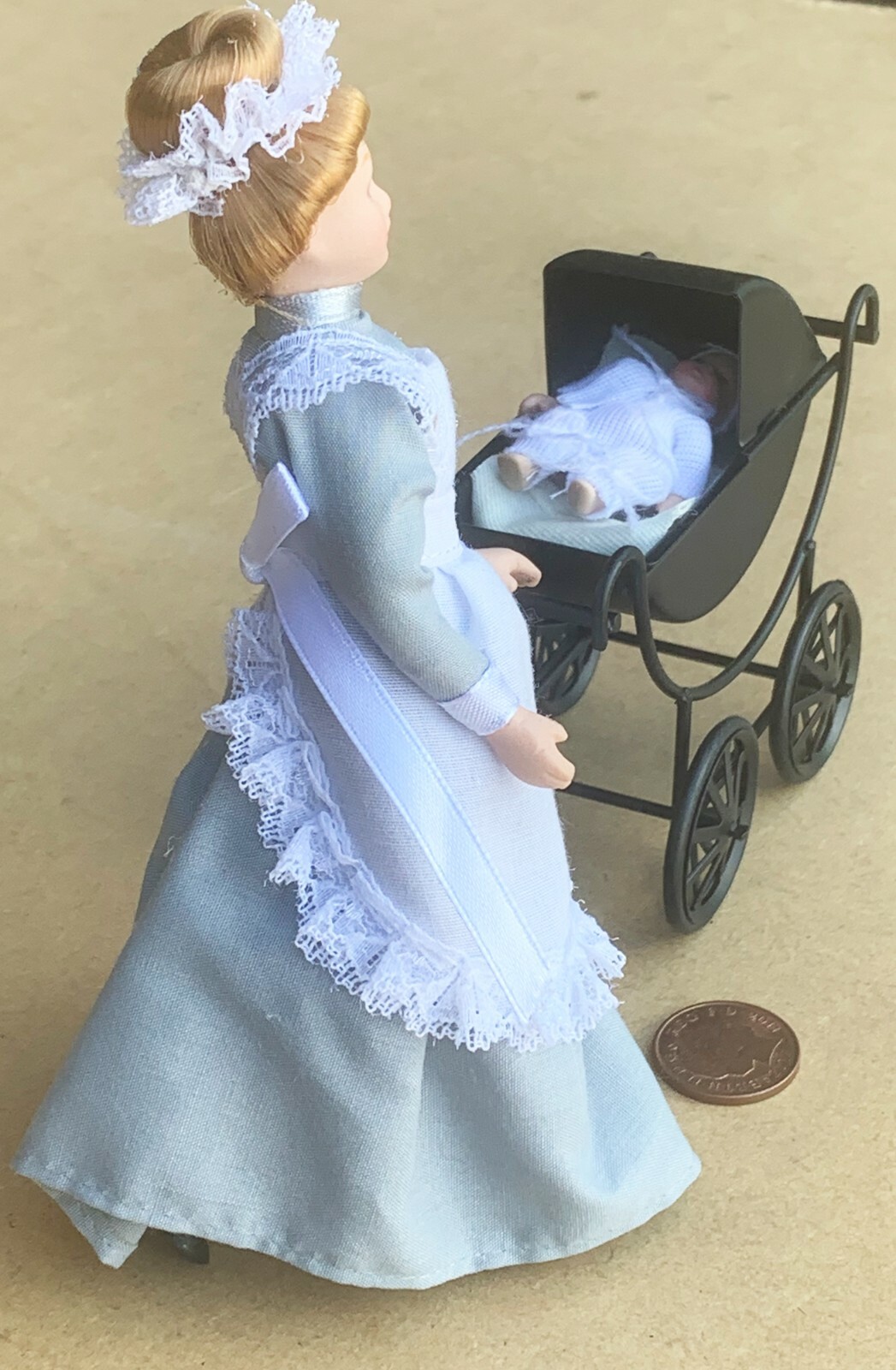 House Nanny Walking The Baby In The Metal Pram 1:12 Scale Miniature Tumdee
