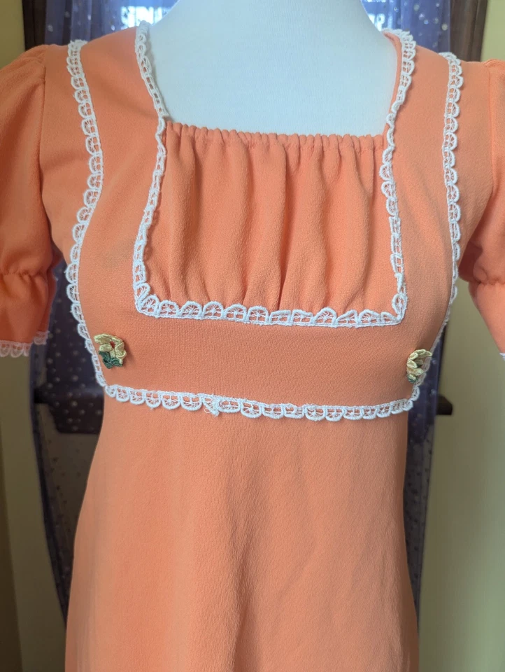 Vintage 70's Orange Polyester Puff Sleeve Lace Maxi Hippie Dress Size XS/S Small Foto 3 de 4