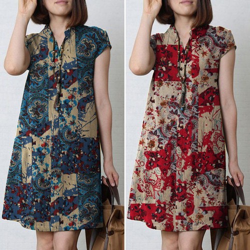Mujeres Cuello en V Informal Estampado Mini Vestido Verano Manga Corta Suelto Bohemia Vestidos - Imagen 7 de 13