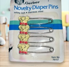 Vintage 1987 Gerber Yellow Teddy Bear Diaper Pins 76157 Novelty Stainless Steel