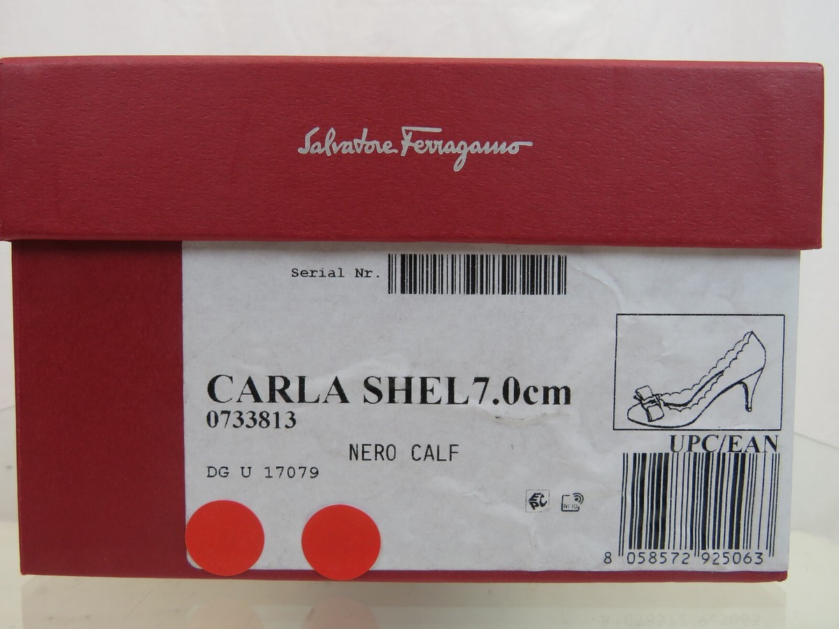 NIB FERRAGAMO CARLA SHELL BLACK LEATHER GOLD LOGO VARA BOW LOW 