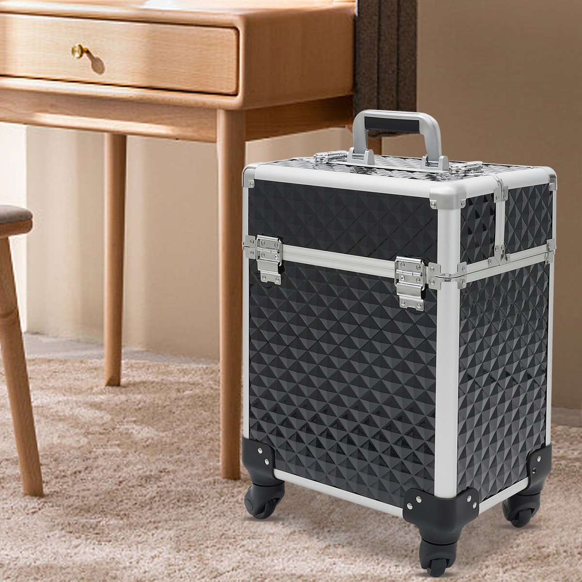 Professional Rolling Makeup Case with Aluminum Frame and Large