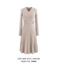 French V-neck, Knitted Dress for Women, Waist Thin Pleated Dress OL Suit Dress