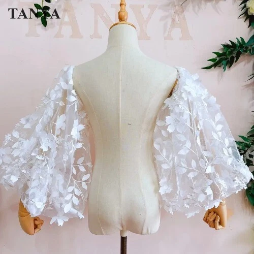 3D Lace Flowers Detachable Puff Sleeves Long Sleeve Bridal Bridal Accessories - Image 3 of 4