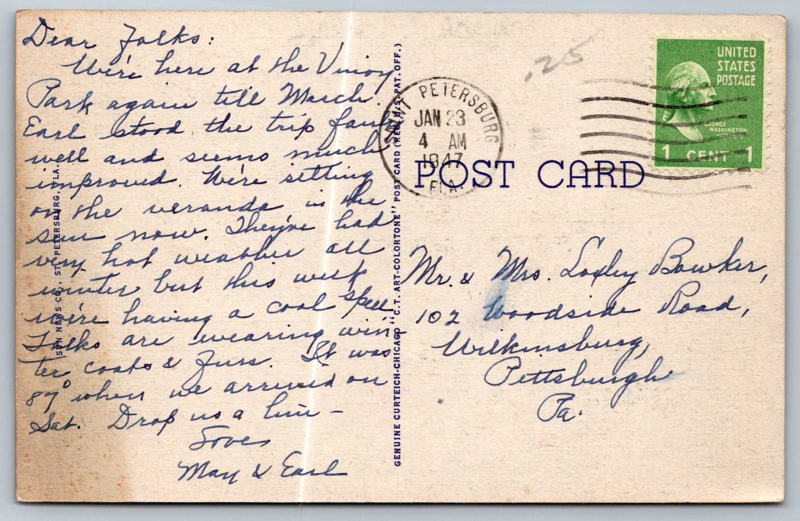 FL Park Petersburg Art Hotel Vinoy c1940s Vintage Postcard
