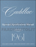 1961 Cadillac Optional-Spezifikationen Buch Serie 62 Eldorado Deville Fleetwood
