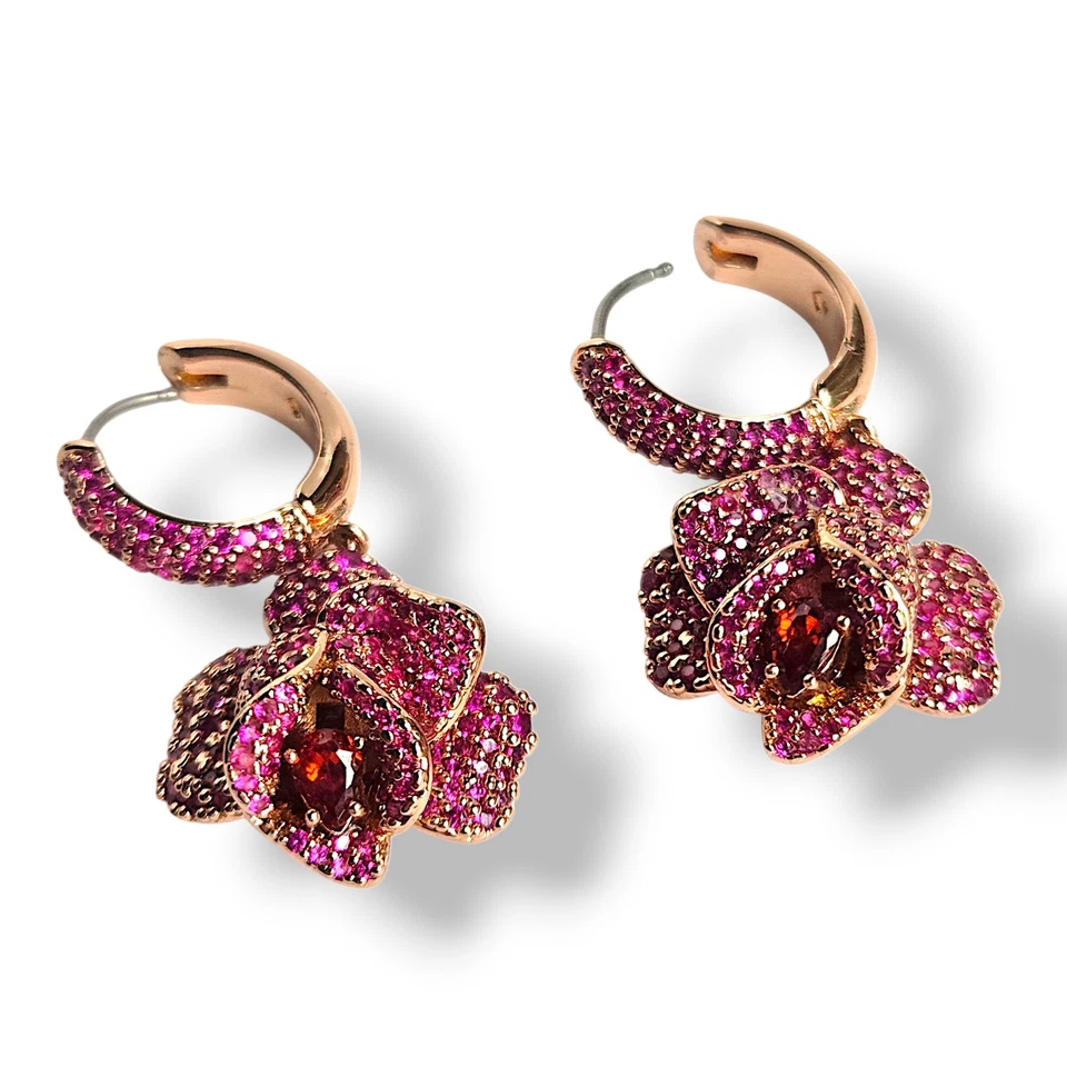 Kate Spade Rosy Pink Pavé Flower Charm Huggie Hoop Earrings Rose Gold Tone *READ - Image 2 of 4