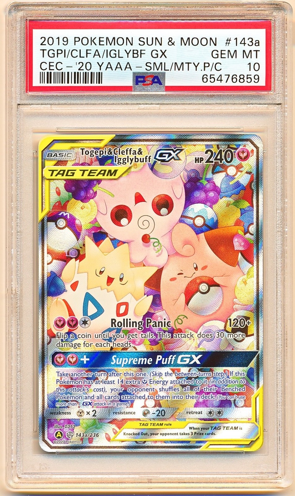 Sun & Moon Cosmic Eclipse Togepi Cleffa Igglybuff GX Full Art Promo #143a PSA 10