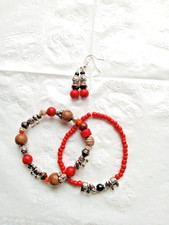 Artisan Elephant bracelet and earring set, red and silver accents  10