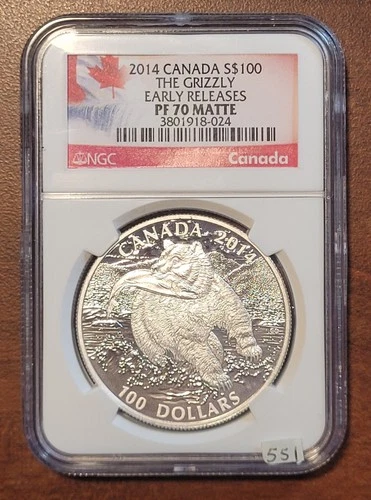 CANADA 2014 .9999 Silver $100 Grizzly NGC PF70 Matte Early Release 1 Oz coin