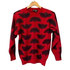 Vintage Angora Sweater Red Embellished Beaded Lambswool Bird Feather Fan Crane
