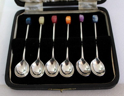 Vintage ''Art Deco'' 6er Set Sterling Silber Harlekin Kaffeelöffel 1939