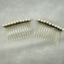 Vintage Faux Pearl Hair Side Combs Set of 2 White Gold Clear Bridal handmade USA
