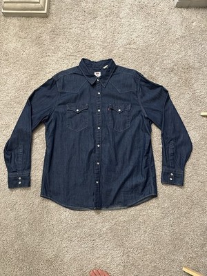 Levi s Men XL Dark Blue Barstow Western Denim Snap Shirt - Red Cast Rinse