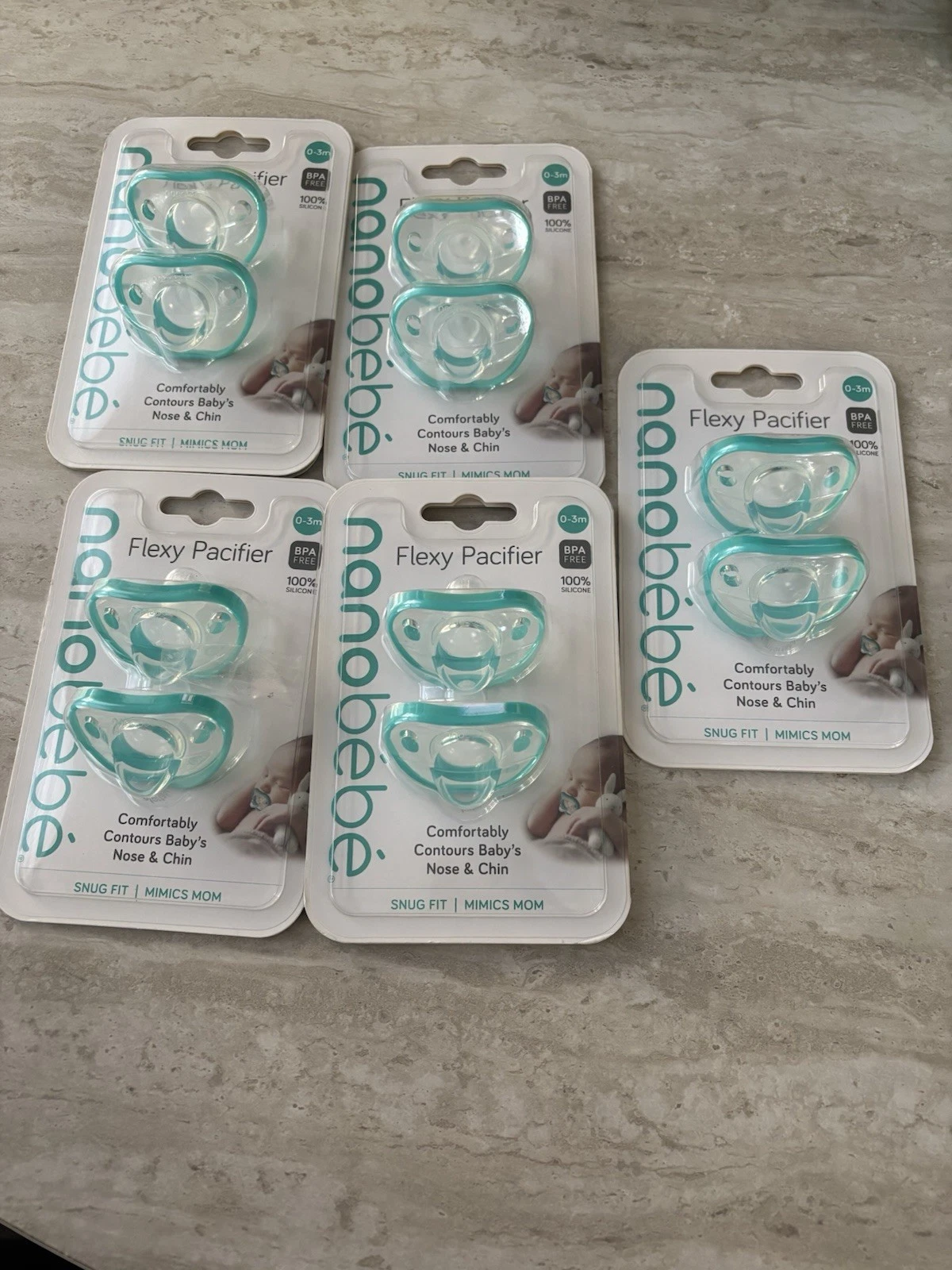NanoBebe Lot Of 5 Baby FlexyPacifier 2 Pack Snug Fit Contours Baby's Nose & Chn