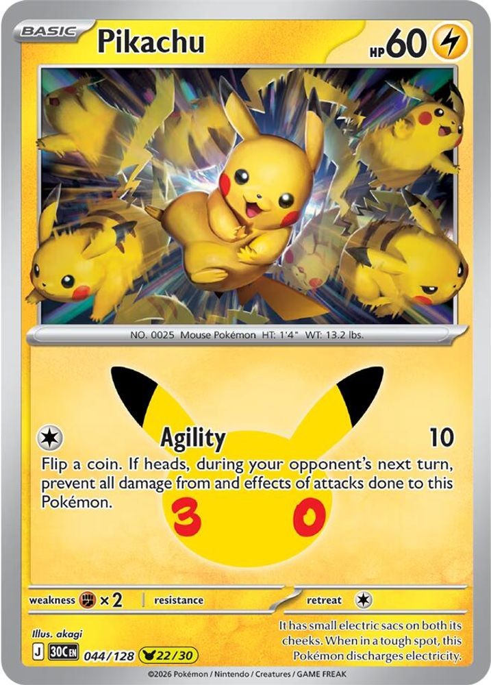 Pikachu 044/128 Holo Pikachu Rare ME: 30th Celebration Pokemon NM