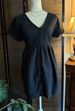 Madewell Black Linen Blend Button Front Dress Size M V Neck Short Sleeve