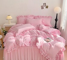 Pink Duvet Cover Queen, Chic Lace Bedding Set with Double Ruffle, 3 Pieces Lu...