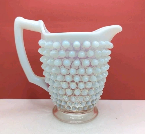 Vintage Hobnail White Opalescent Glass Pitcher Creamer With D Handle 4.5" Tall 