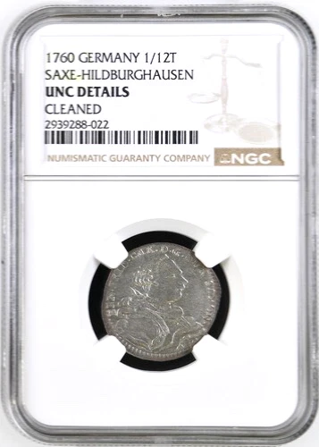 1760 German States Saxe-Hildburghausen 1/12 Thaler, NGC UNC, KM-32, Germany