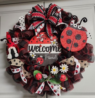 Lady Bug - Welcome Friends Wreath Red & Black - 20 inch - all occasions 