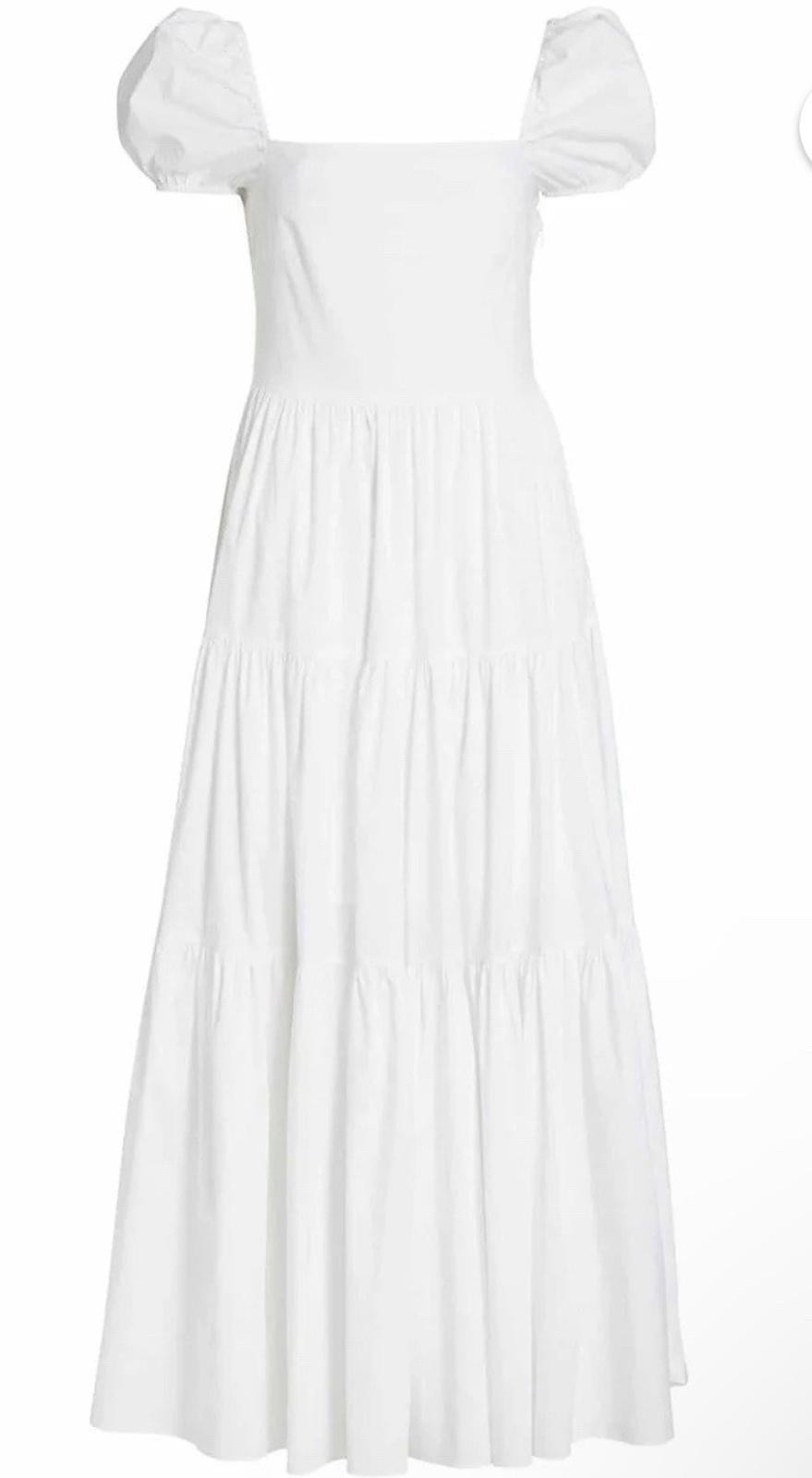 Caroline Constas Size Large Heart Tiered White Maxi Dress Puff Sleeve MSRP $695
