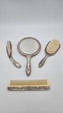 Vintage 4pc Silver Color Vanity Set - Ornate Floral Mirror, Brushes, Comb