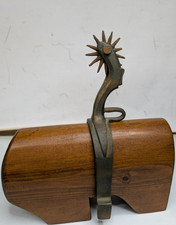 Vintage Metal Cowboy Spur 13 Points On Wooden Display Stand Unmarked Maker