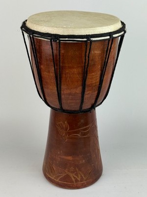 Hand Made Indonesian 11.5'' Djembe Drum with Carved Design on Base