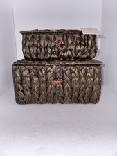 Set of 2 Water Hyacinth Storage Baskets Dark Brown Woven Lid Nested 12  -10  