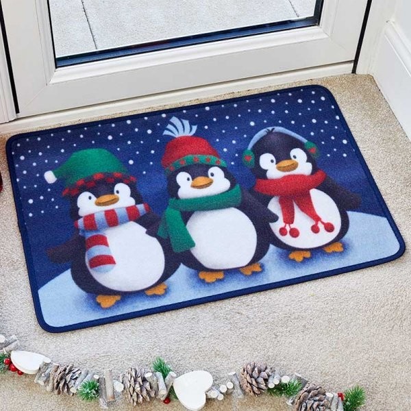 Frosty Penguins Machine Washable Penguins Door Mat Non Slip Home Christmas Mat