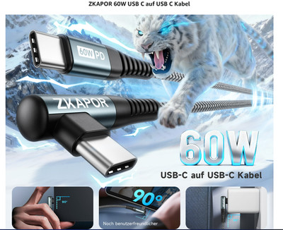 USB C auf USB C Kabel Kurz 30cm,USB C Kabel 90 Grad Winkel Schnellladekabel 60W