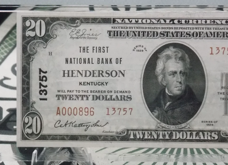 1929 $20 National Currency *HENDERSON* KY Fr#1802-2 PMG VF35 EPQ CH#13757 Type 2 - Image 2 of 4