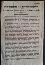 Einkaufsliste für alte  Geldscheine  Fa. Schuster Nürnberg um 1930