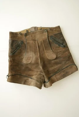 Kurze 50/60er Lederhose Knopflatz Eichenlaub verspeckt leicht sterrig grau Gr.46 - Bild 1 von 4